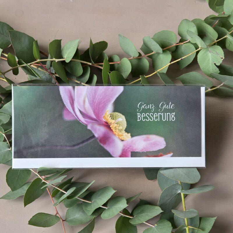 Genesungskarte mit rosa Blume und Ganz Gute Besserung-Text, umgeben von Eukalyptusblättern.