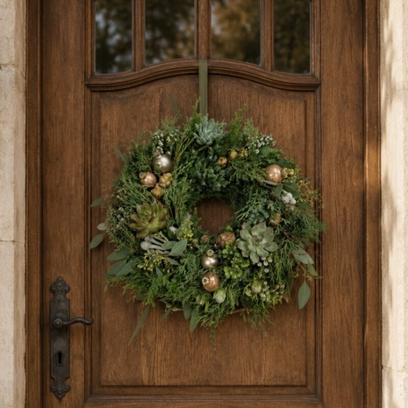 Grüner Weihnachtskranz mit goldenen Kugeln an Holztür, festliche Dekoration für die Adventszeit.